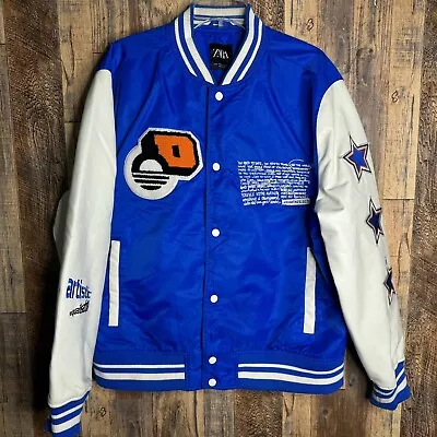 Zara Varsity Jacket Blue/White Artistic Ongoing Shift Denim Squad PATCH Men XL • $49.99