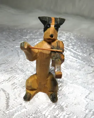 Vintage Carved Wood Miniature Dog With Tiny Glass Eyes Playing Instrument • $24.95