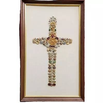 Framed Vintage Jewelry Art Collage CROSS LARGE 33x20 Rhinestone AB Religious  • $75