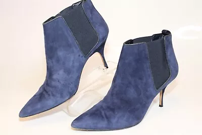 Manolo Blahnik Italy Made Womens 38 8 Blue Suede Chelsea Booties Heels Boots • $7.50