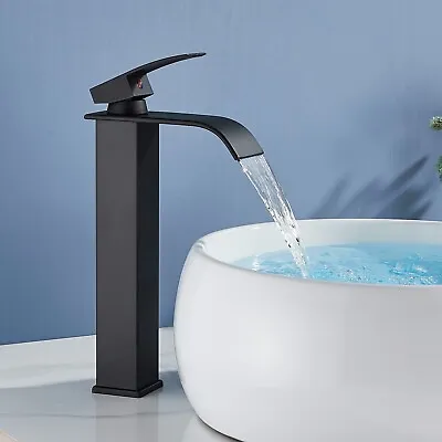 Modern Tall Counter Basin Mixer Tap High Rise Bathroom Sink Faucet Matt Black UK • £22.99