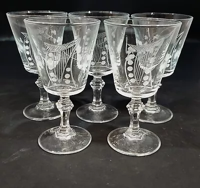 Vintage Etched Harp Design Crystal Wine Glass Stemmed Set Of 5 Mid Century 4.5 T • $35.99