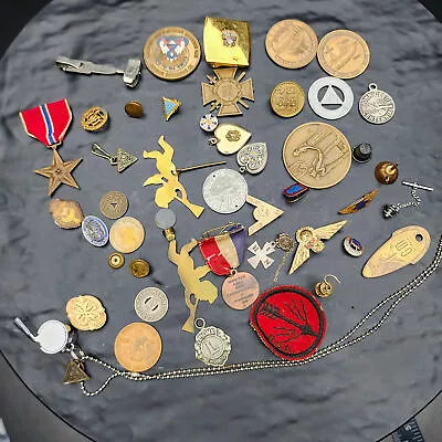 Vintage Junk Drawer Lot: Military Collectibles Gold-Filled Pins Coins Tokens • $35