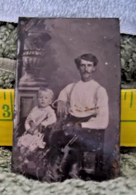 Antique Tin Type Photo Man With Mustache  Suspenders And  Child Photograph • $5