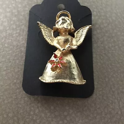 Vintage Mid Century Christmas Angel Brooch Signed New View Gold Tone • $2.99