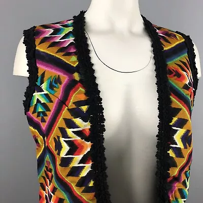 VTG Mode O'Day Southwestern Ethnic Print Knit Vest M Crochet Trim Open Casual • $43.99