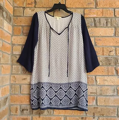 MIAMI Women's Top Tunic 3/4 Sleeves Border Print Blue White Size M • $13.89