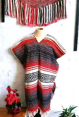 Deadhead Festival Poncho Mexican Blanket Serape Black Red Hippie Boho • $28.97