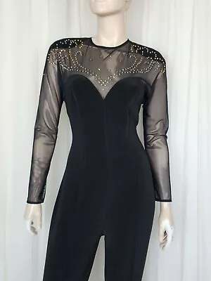 Vtg 80s Sheer Mesh Studded Catsuit Stirrup Pant Black Bodycon Jumpsuit M • $69.50