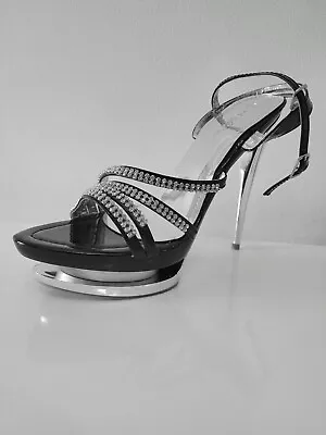 Heeled Diamonte Retro Vintage 1970's Abba Style Shiny Black Platform Sandal Shoe • £26
