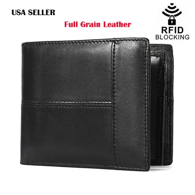 Men Men's RFID Blocking Full Grain Leather ID Window Currency Bifold Wallet BLK • $19.49