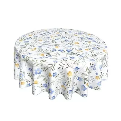 Blue Yellow Floral Leaf Round Tablecloth 60 Inch Summer 60  Round Wildflower • $30.61