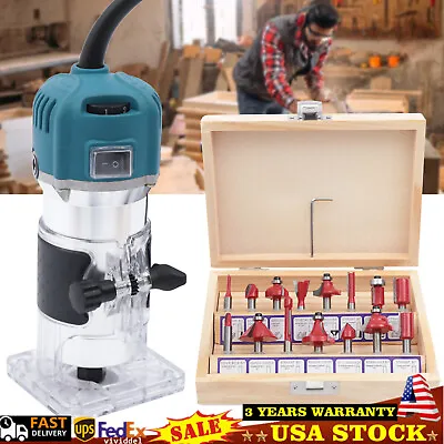 Wood Router Tool Compact Trim Router With 6 Variable Speed 15 Wood Router Bits • $47.98