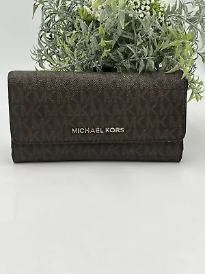 Michael Kors Brown Merlot Signature Logo Trifold Canvas Leather Wallet Zipper • $50