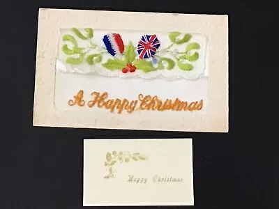 Early Ww1 Embroidered Silk Pc - A Happy Christmas + Insert Card • £3.95