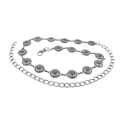 Women Vintage Silver Metal Wrap Around Belt Turquoise Blue Flower Charm Size S M • $17.95