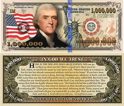 Lot Of 25 Jefferson Million Dollar Bill Funny Money Gospel Tract Novelty Notes • $8.05