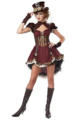 Adult Steampunk Lady Costume Sz Medium Brown- Xtra Bustle Black Mesh -Hat Gloves • $15.29