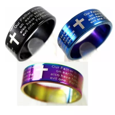 Lord's Prayer English Fashion Men's Cross Ring Jewellery Bible Text Steel Quote • £3.25