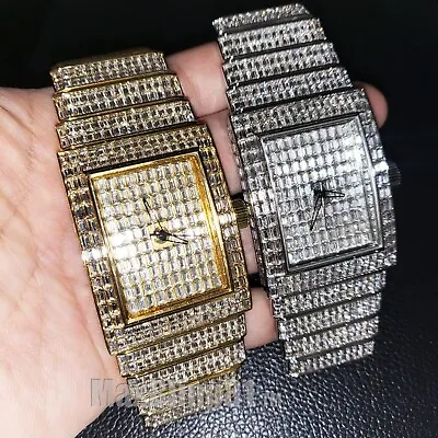 Men Full Iced Baguette Simulated Diamond Gold Silver Finish Hip Hop Metal Watch • $58.99