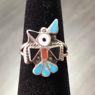 Zuni Thunderbird Ring - Size 5.25 - Sterling & Gemstone Inlay Ring - Vtg • $24.99