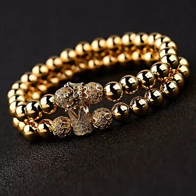 Luxury Gold Plated Micro Pave CZ Crown Copper Beads Couples Men Women Bracelets  • $7.59