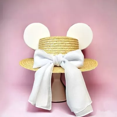 Disney Minnie Mickey Mouse Ears Inspired Bridal Boater Lightweight Sun Hat  • $75