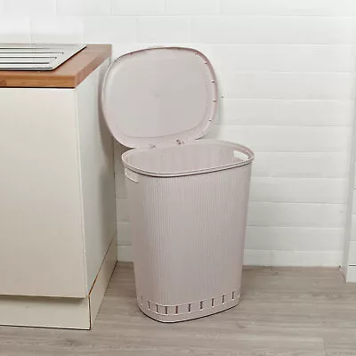 65L Laundry Basket Washing Clothes Linen Basket With Line Design & Lid Handles • £13.99