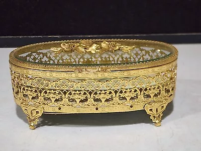 Vintage Signed Matsons 7  Oval Dresser Box Gilt Birds Beveled Glass • $84.37