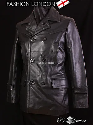 KRIEGSMARINE Men's German Pea Coat Submarine Cowhide Leather Jacket Coat Black • $138.19