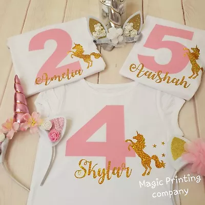 Girls Unicorn T-shirt Birthday Outfit  PERSONALISED 2nd 3rd 4th 5th 6th Top Gift • £9.99