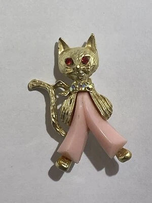 $12.50 • Buy Vintage Pink Pajamas Kitty Cat Scatter Pin Rhinestone Collar Red Eyes Thermoset