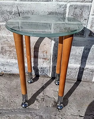 Vintage Mid Century Round Beveled Glass Top Rolling End Side Accent Table Stand • $99.99