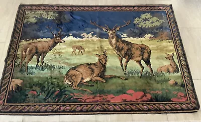 Vintage Velvet Tapestry Wall Hanging Carpet Elk Deer Wildlife Cabin Large 6x4 Ft • $45