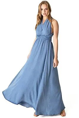 Vibrant MIU Womens Multi-Way Convertible Chambray Denim Maxi Dress • $89.99