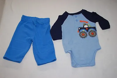 Baby Boys L/S WAFFLE KNIT SHIRT Bodysuit MONSTER TRUCK Blue Sweat Pants 0-3 MO • $16