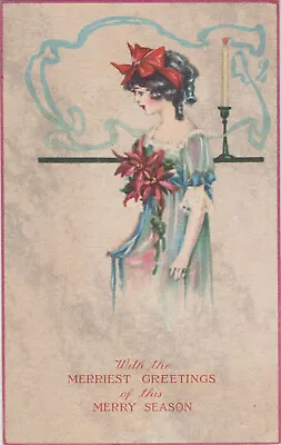 P F Volland~merriest Greetings Of Merry Season~pretty Woman~postcard~posted 1916 • $6.99