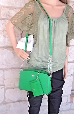 Michael Kors Chantal Bright Palm LG Chain Leather X-Body + Wristlet Dust Bag SET • $281.70