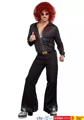 Mens Disco Costume + Wig 1960s Fancy Dress Up Retro 1970s Hippie Outfit • $61.45