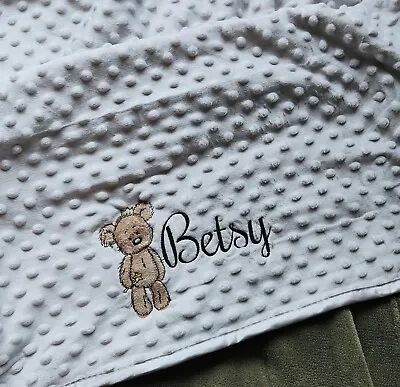 Personalised Embroidered Baby Blanket Teddy Bear Newborn Boy Girl Blue Pink Grey • £16.99