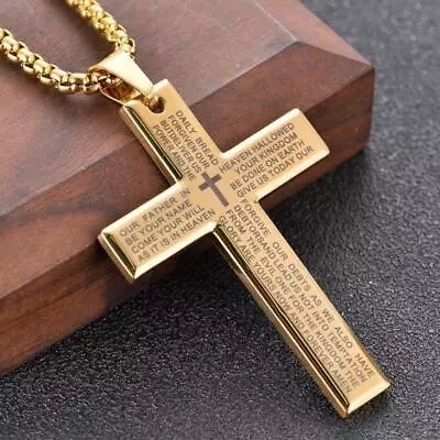 Cross Pendant Necklace For Men Boys Stainless Steel Lord's Prayer Bible Chain • £5.75