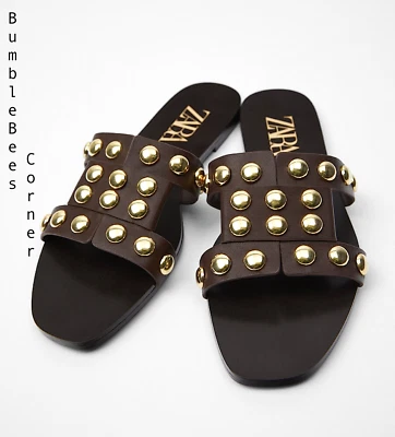 $54 • Buy ZARA Slide Sandals LEATHER Flats GOLD STUDDED Vamp BROWN Shoes 37 NWT 2612/510