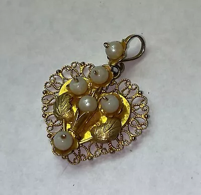 Vintage 8k Yellow Gold Large Filigree And Faux Pearl Heart Pendant • $125