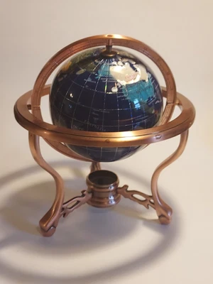 $26.60 • Buy Semi-Precious Gemstone 10  Rotating Brass World Globe Map Lapis Ocean