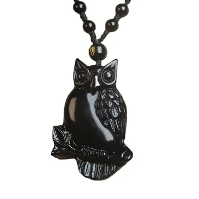 Crystal Natural Black Obsidian Owl Necklace Pendant Bead With Bead Chain • $11.95