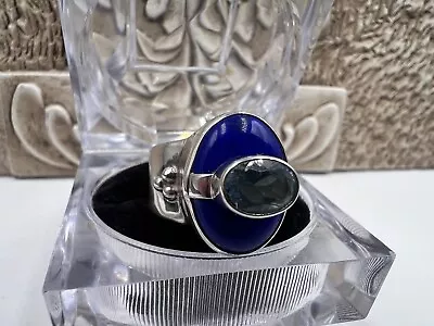 Sajen 925 Sterling Silver Aquamarine & Lapis Lazuli Adjustable Ring Sz 10+ • $59.99