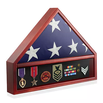 Military Flag And Medal Shadow Box Display Case Mahogany • $56.95