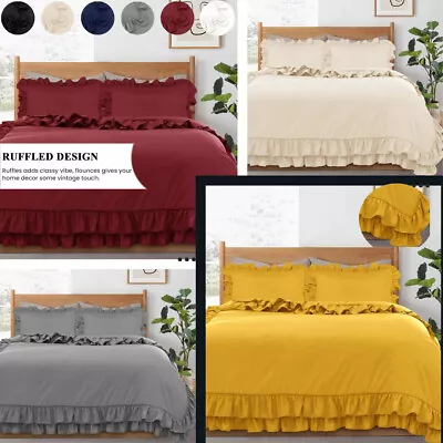 Ruffled Frilled Borders Duvet Cover 3 PC Bedding Set Single Double King UK • £16.99