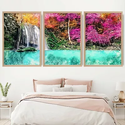 FRAMED Waterfall Blossom Sketch Forest Botanical Wall Art Picture Set Of 3 • £279