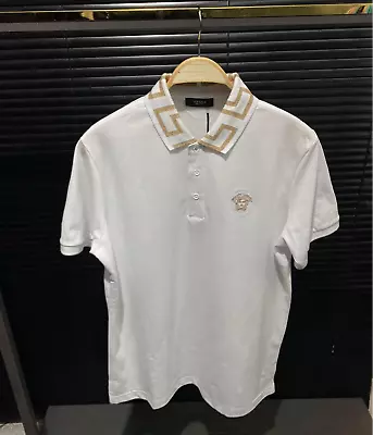 Mens Polo Versace T Shirt Short Sleeve White & Gold US Slim Size Embroidered • $129